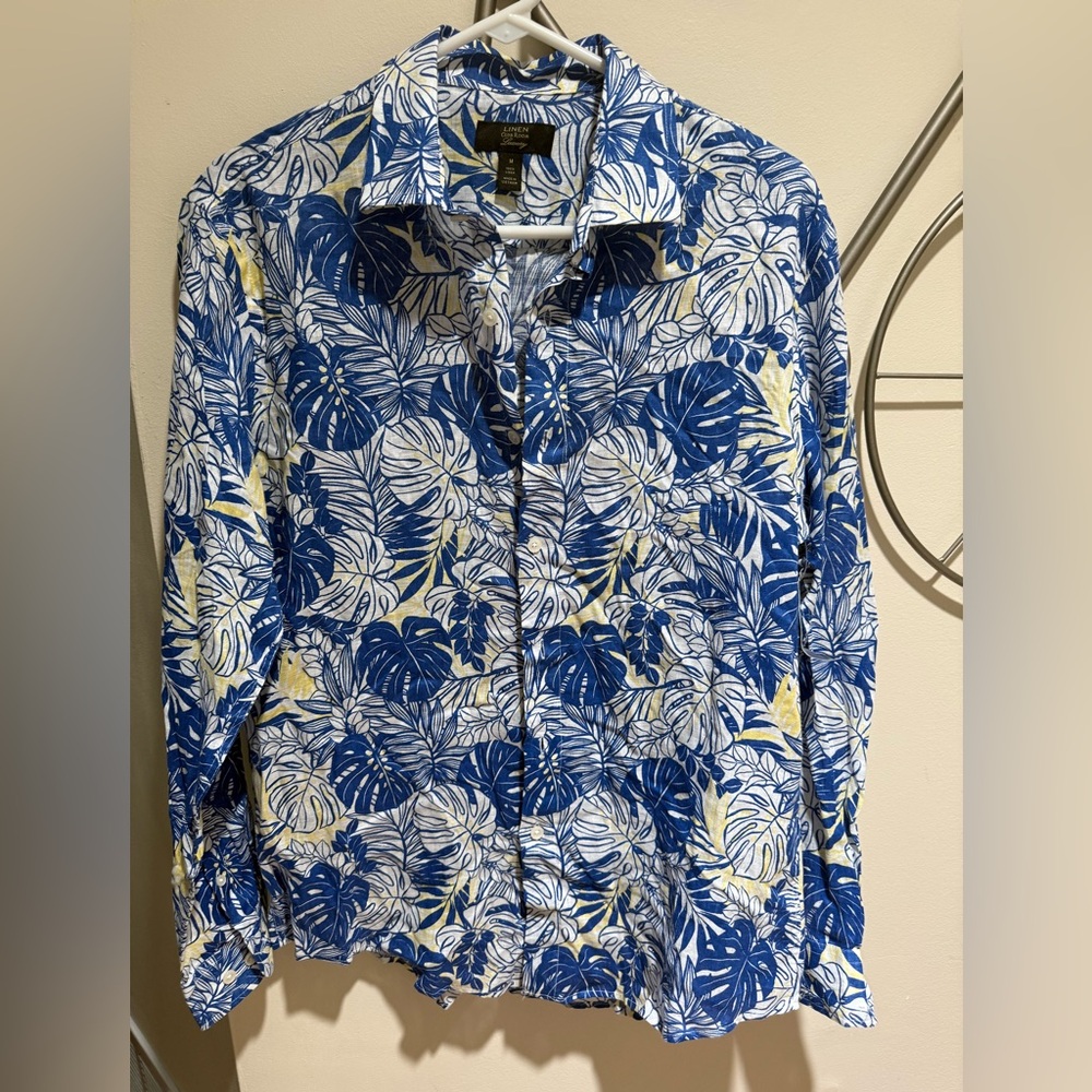 Club Room 100% Linen Blue and Yellow Leaf Pattern Shirt, NWT, Size M
